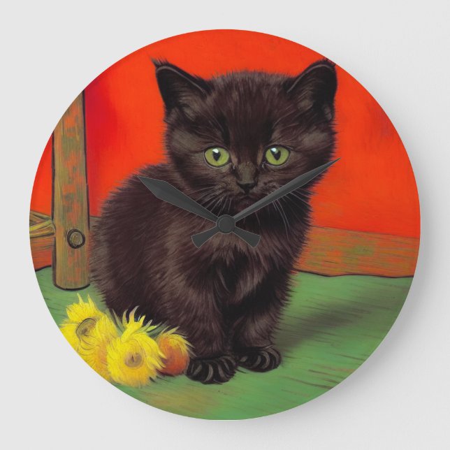 Van Gogh Style Black Cat Large Clock (Front)