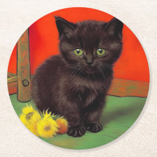 Van Gogh Style Black Cat Round Paper Coaster