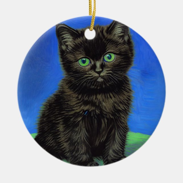 Van Gogh Style Black Kitten Ceramic Tree Decoration (Front)
