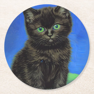 Van Gogh Style Black Kitten Round Paper Coaster