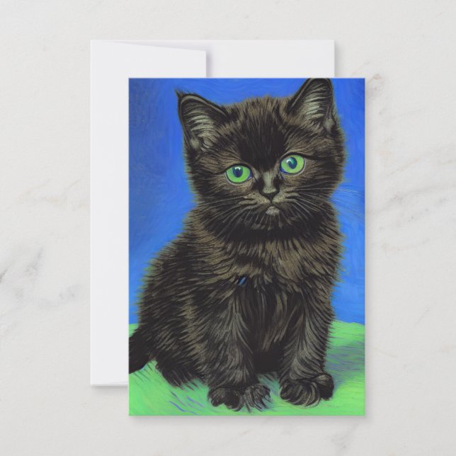 Van Gogh Style Black Kitten RSVP Card (Front)