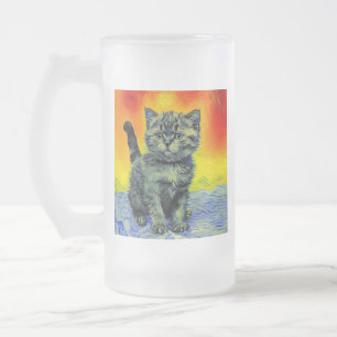 Van Gogh Style Cat Sunset Beach Frosted Glass Beer Mug