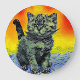 Van Gogh Style Cat Sunset Beach Large Clock