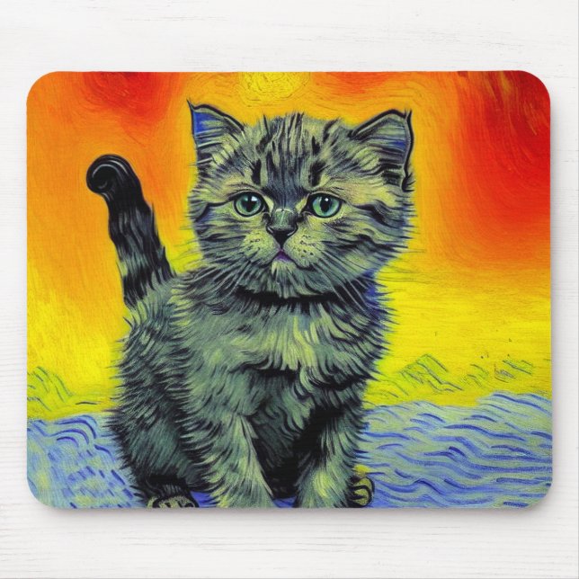 Van Gogh Style Cat Sunset Beach Mouse Mat (Front)