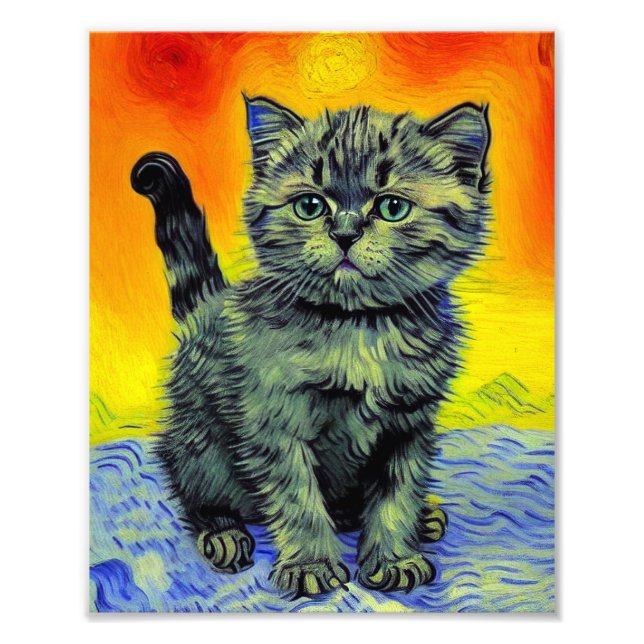 Van Gogh Style Cat Sunset Beach Photo Print (Front)