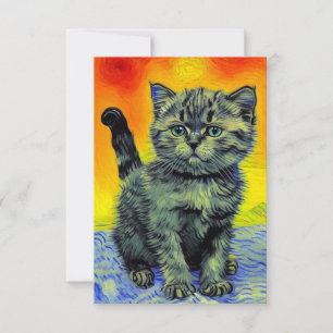 Van Gogh Style Cat Sunset Beach RSVP Card