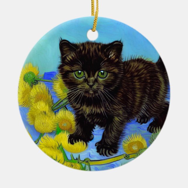 Van Gogh Style Cat with Sunflowers Ceramic Tree Decoration (Front)