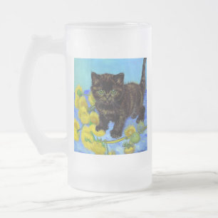 Van Gogh Style Cat with Sunflowers Frosted Glass Beer Mug