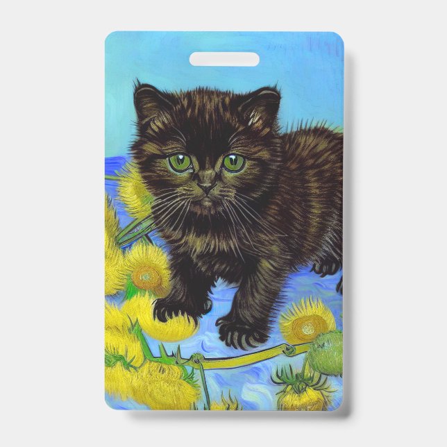 Van Gogh Style Cat with Sunflowers ID Badge (Front)