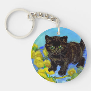 Van Gogh Style Cat with Sunflowers Key Ring