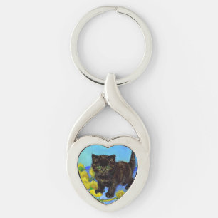 Van Gogh Style Cat with Sunflowers Key Ring