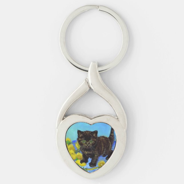 Van Gogh Style Cat with Sunflowers Key Ring (Front)