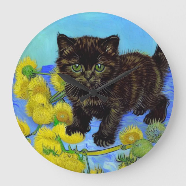 Van Gogh Style Cat with Sunflowers Large Clock (Front)