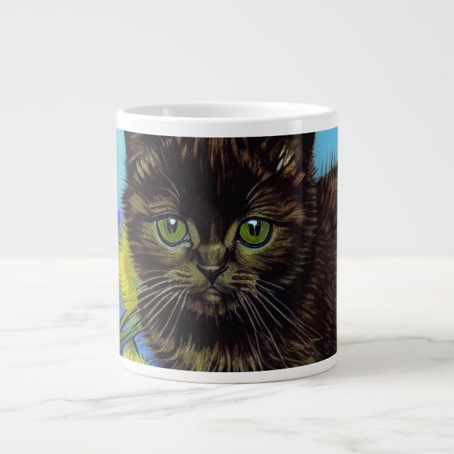 Van Gogh Style Cat with Sunflowers Large Coffee Mug (Front)