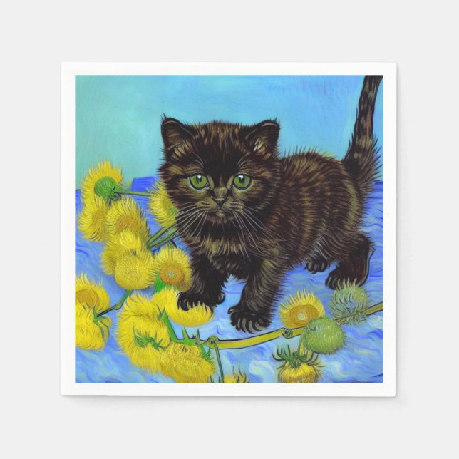 Van Gogh Style Cat with Sunflowers Napkin (Front)