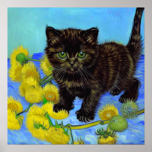 Van Gogh Style Cat with Sunflowers Poster