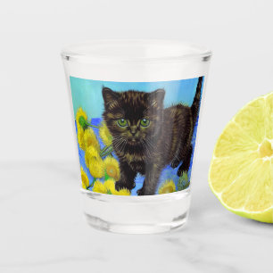 Van Gogh Style Cat with Sunflowers Shot Glass