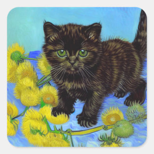 Van Gogh Style Cat with Sunflowers Square Sticker