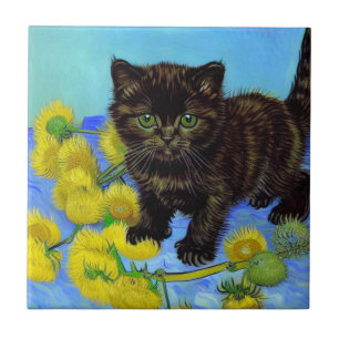 Van Gogh Style Cat with Sunflowers Tile