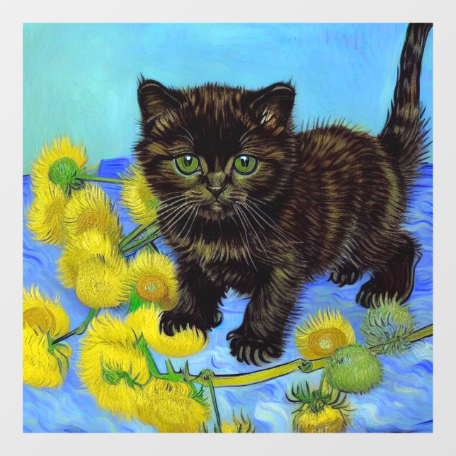 Van Gogh Style Cat with Sunflowers Window Cling (Sheet)