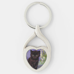 Van Gogh Style Cat with White Flowers Key Ring