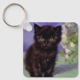 Van Gogh Style Cat with White Flowers Key Ring