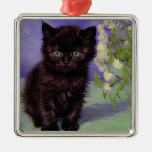 Van Gogh Style Cat with White Flowers Metal Tree Decoration