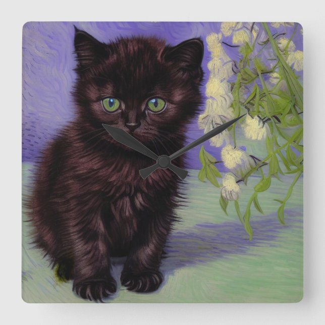Van Gogh Style Cat with White Flowers Square Wall Clock (Front)