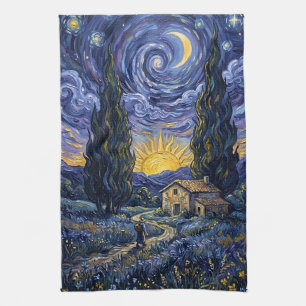 Van Gogh Style Cypress Dusk Midnight Moon Tea Towel