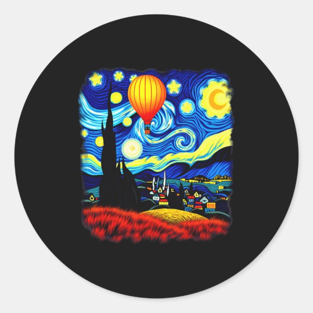 Van Gogh Style Hot Air Balloon Starry Night  Classic Round Sticker (Front)