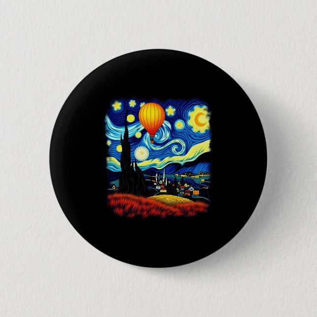 Van Gogh Style Hot Air Balloon Starry Night Long S 6 Cm Round Badge (Front)