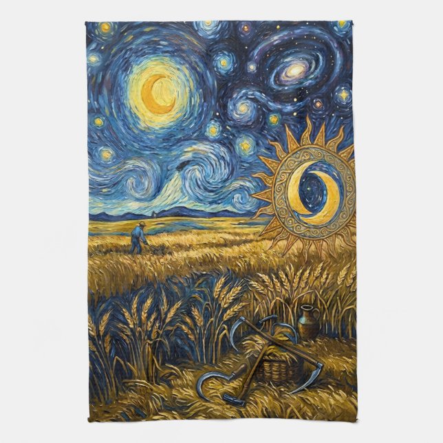 Van Gogh Style Starry Harvest Golden Wheat Tea Towel (Vertical)