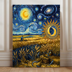 Van Gogh Style Starry Harvest Wheat Field Poster Canvas Print