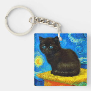 Van Gogh Style Starry Night Cat Key Ring