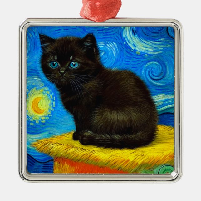 Van Gogh Style Starry Night Cat Metal Tree Decoration (Front)