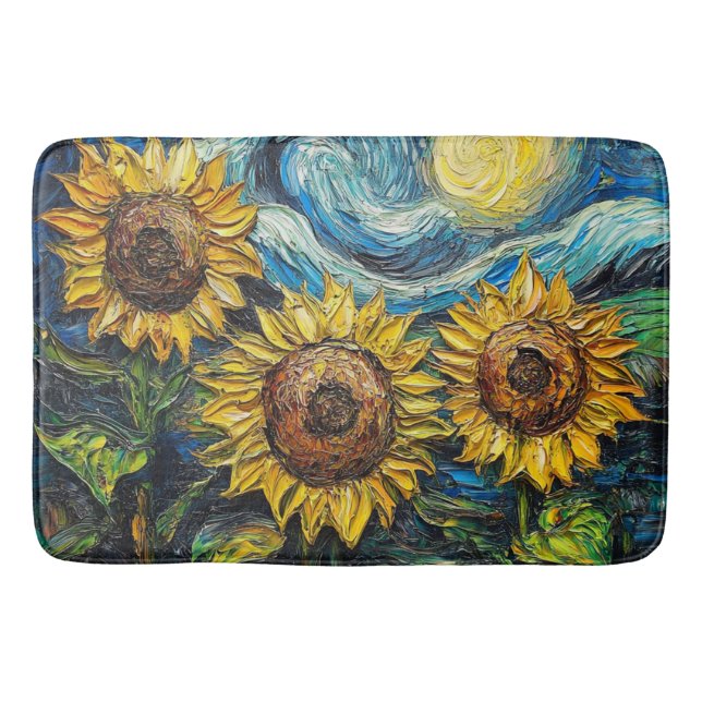 Van Gogh sunflowers and starry night  Bath Mat (Front)