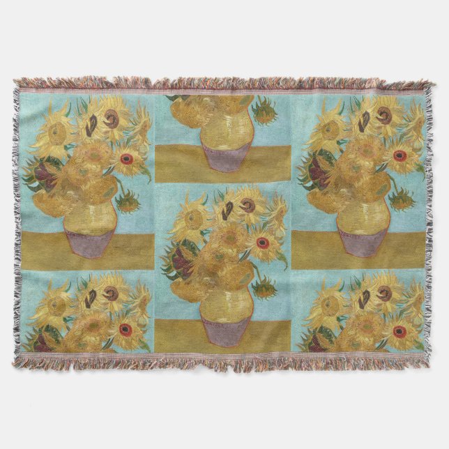 Van Gogh Sunflowers - Blue & Yellow Impressionism Throw Blanket (Front)