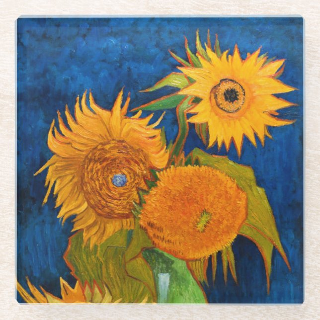 Van Gogh Sunflowers Glass Coaster (Front)