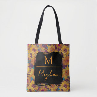 Van Gogh Sunflowers Yellow Violet Monogram Tote Bag