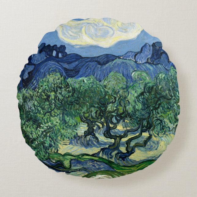 Van Gogh The Olive Trees Landscape Painting Round Cushion (Front)