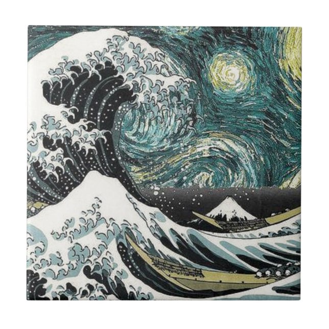Van Gogh The Starry Night - Hokusai The Great Wave Tile (Front)