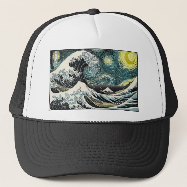 Van Gogh The Starry Night - Hokusai The Great Wave Trucker Hat (Front)