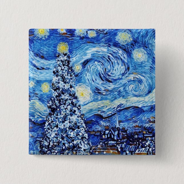 Van Gogh - The Starry Night - White Christmas Butt 15 Cm Square Badge (Front)