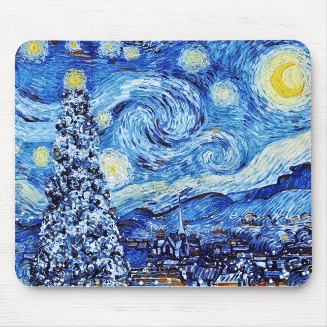 Van Gogh - The Starry Night - White Christmas Mouse Mat (Front)