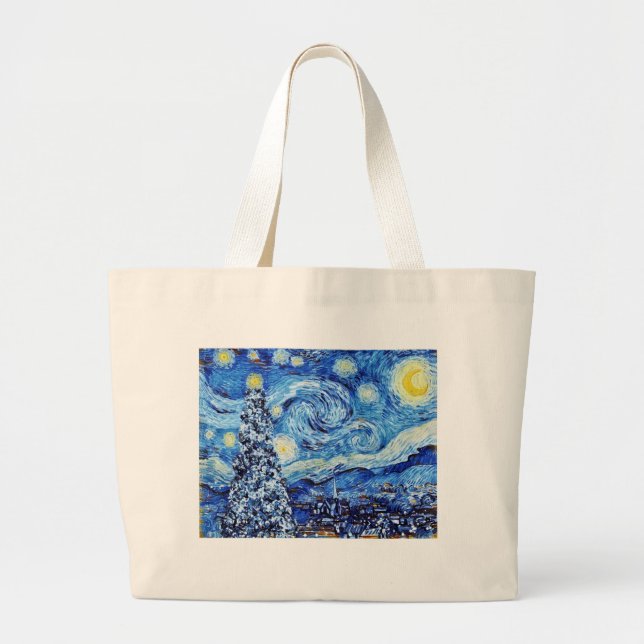 Van Gogh - The Starry Night - White Christmas Post Large Tote Bag (Front)