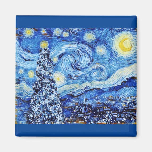 Van Gogh - The Starry Night - White Christmas Post Magnet (Front)