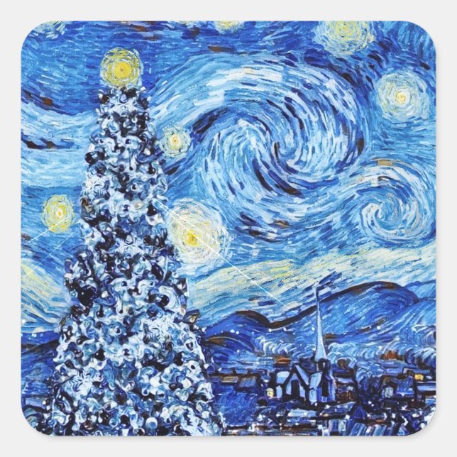 Van Gogh - The Starry Night - White Christmas Squa Square Sticker (Front)