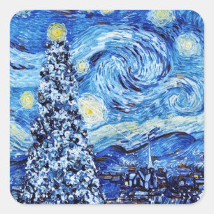 Van Gogh - The Starry Night - White Christmas Squa Square Sticker
