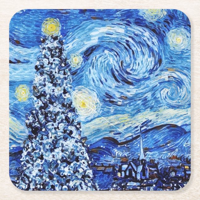 Van Gogh - The Starry Night - White Christmas  Square Paper Coaster (Front)