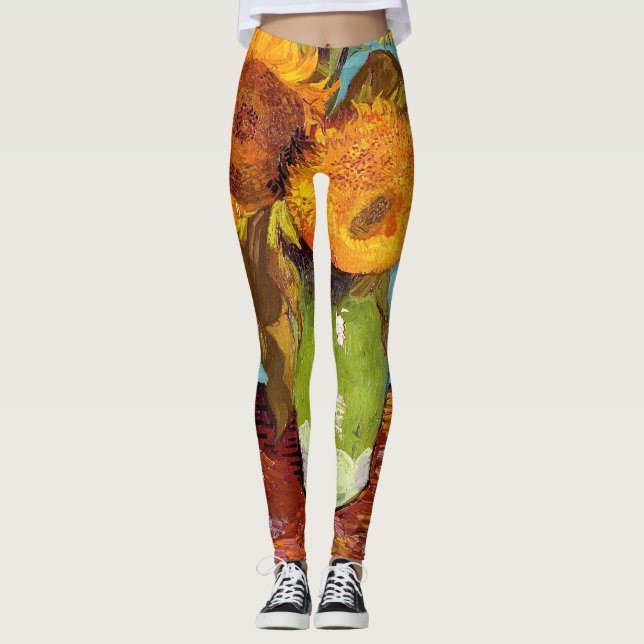 Van Gogh - Three Sunflowers In A Vase - Fine Art Leggings (Front)